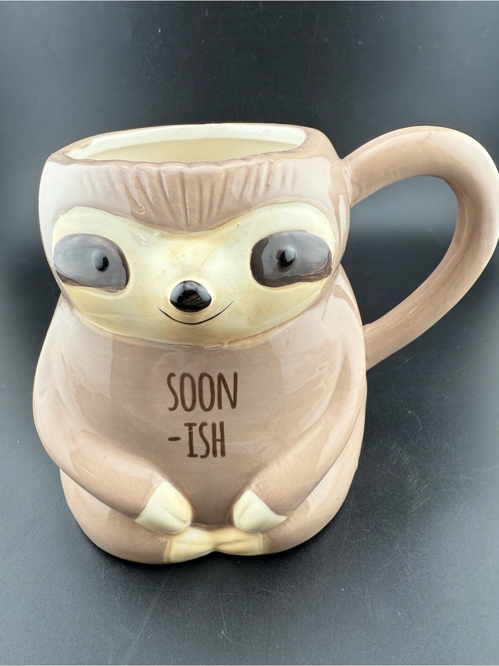 Enchante sloth critter ceramic mug. 24oz w/3D handle and "SOON-ISH"